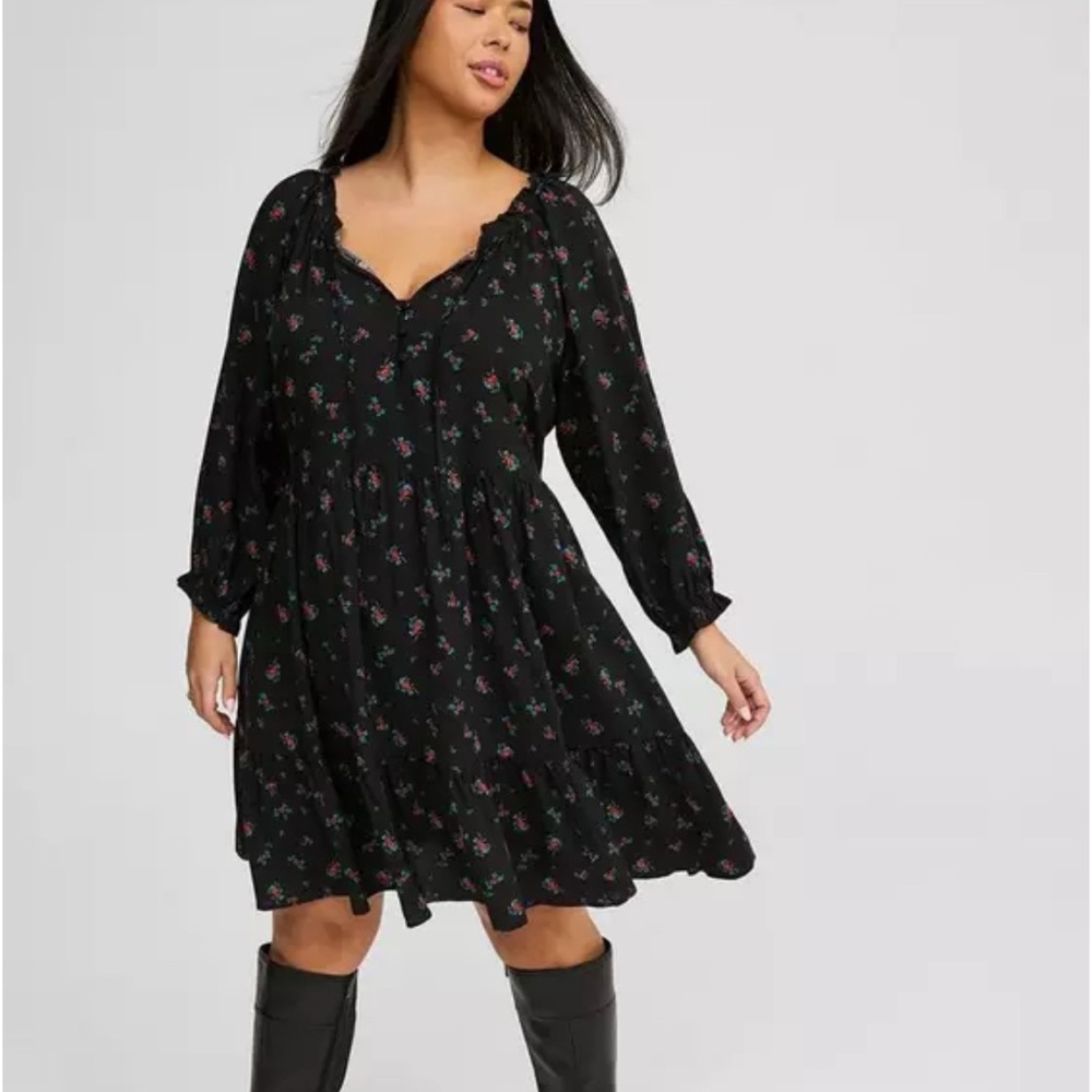 Torrid Challis Ruffle Floral Black Mini Dress